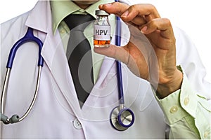 Male doctor show HPV vaccine on hand,indicated prevention of ca