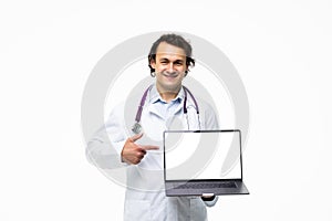 Male Doctor Showing Laptop Over White Background
