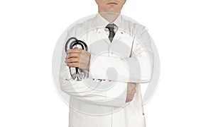 Male doctor standing in front of white background