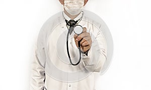 Male doctor standing in hands on white background