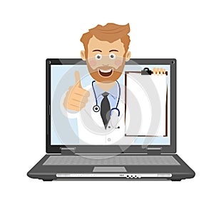 Male doctor with stethoscope and clipboard having consultation online on laptop
