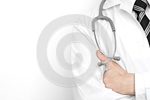 Male Doctor with stethoscope medical equipment tool on white background, Doctor and Hospital concept, copyspace and blank