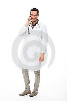 Male doctor with stethoscope and mobile phone