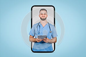 Male doctor with tablet on phone screen, on blue background