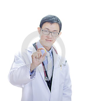 Male doctor takes vitamin capsule. Healthy lifestyle, nutritional supplements, vitamin d, e, fish oil capsules