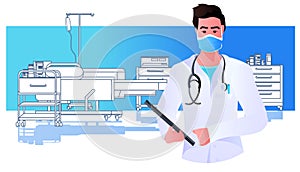 male doctor in uniform holding checklist modern hospital clinic ward interior medicine healthcare concept