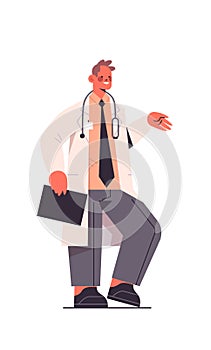Male doctor in uniform holding clipboard healthcare medicine concept