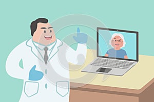 Male doctor using laptop computer online video call remote talking to senior woman patient