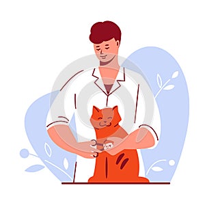 Male doctor veterinarian cuts the claws of the cat. Pet care grooming concept. Vector illustration in flat style