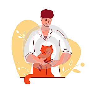 Male doctor veterinarian cuts the claws of the cat. Pet care grooming concept. Vector illustration in flat style