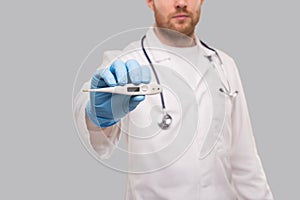 Male Doctor Wearing Gloves Showing Thermometer. Doctor with Thermometer in Hands. Thermometer Close Up. Healthy Life, Doctor,