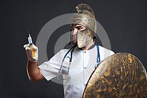 Male doctor wearing medieval armor