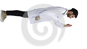 male doctor on a white background. full length shows ok sign