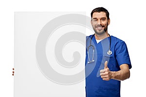 male doctor with white board showing thumbs up