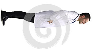 male doctor in a white coat on a white background smiling in full length