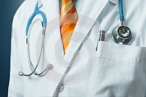 Male Doctor In White Medical Coat With Stethoscope. Global Healthcare Medicine Insurance Concept photo