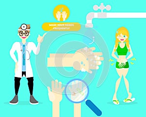 male doctor with woman touching his belly having stomachache, washing hands, health care infographic concept