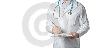Male Doctor writing notes in medical journal. Doctor makes an entry in medical journal. Doctor with medical records card.