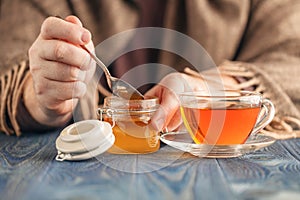 Male drink hot tea in cold day