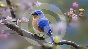 Male Eastern Bluebird (Sialia sialis) on a branch with flowers