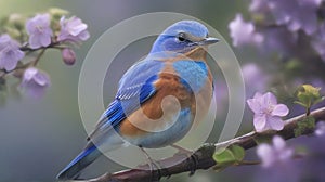 Male Eastern Bluebird (Sialia sialis) on a branch with flowers