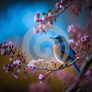 Male Eastern Bluebird (Sialia sialis) perching on a branch of blossoming sakura