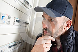 male electrician checking fuseboard at work