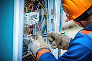 Male electrician works in a switchboard with an electrical connecting cable.