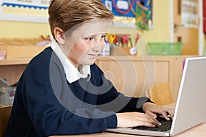 Male Elementary School Pupil Using Laptop In Computer Class
