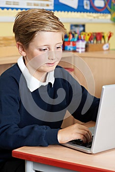 Male Elementary School Pupil Using Laptop In Computer Class