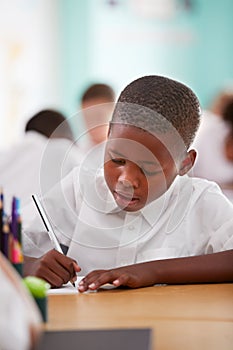 Male Elementary School Pupil Wearing Uniform Working At Desk photo