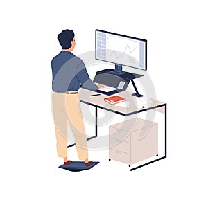 Male employee behind ergonomic furniture working on computer vector flat illustration. Man standing on footrest looking