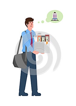 Male employee moving to a new office. Simple flat illustration
