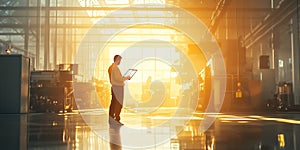 Male engineer analyzing machinery components for precision manufacturing in a bright, spacious factory environment photo
