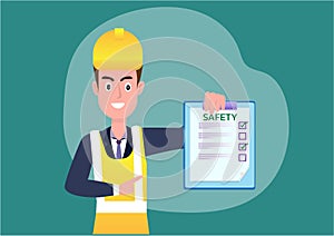 Male engineer, safety inspector holding an industrial factory board checklist. Stand in front of the workplace for safety first.