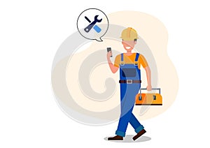 Male engineer in uniform with toolbox equipment wrench in hand cartoon character Vector illustration of business service personnel