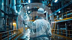 A male engineer wearing white helmet and uniform walks in the factory corridor, rear view. Industrial environment. Rear view of