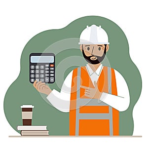 Male engineer in a white construction helmet and orange vest with a calculator. Vector