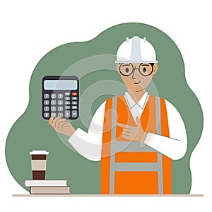 Male engineer in a white construction helmet and orange vest with a calculator. Vector