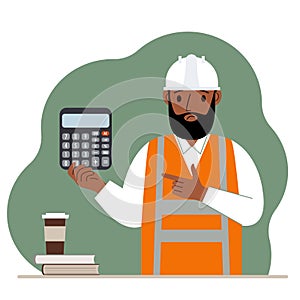Male engineer in a white construction helmet and orange vest with a calculator. Vector