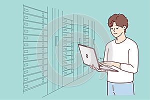 Male engineer work in server room