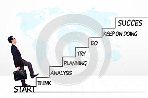 Male entrepreneur with strategy plan on stairs