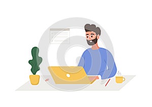 Male entrepreneur. Successful man sitting at table with laptop and solves work issues. Modern office worker or business