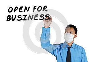 Male entrepreneur writes text of open for business