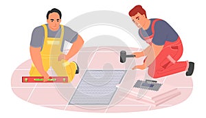 Male expert tiler worker making floor vector illustration