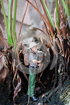 A male explorer stands looking at the scenery and nature surrounding the tropical forest.