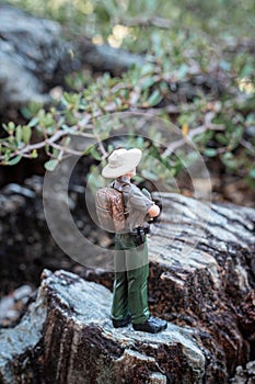 A male explorer stands looking at the scenery and nature surrounding the tropical forest.