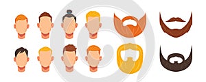 Male Face Constructor, Avatar of Caucasian Man Creation Heads, Hairstyle, Hipster Mustaches and Beards. Facial Elements