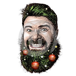 Male face with long hair and beard with a tight smile with teeth on the beard hanging Christmas toys and Christmas decorations