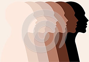 Male faces, profile silhouettes, skin colors, vector